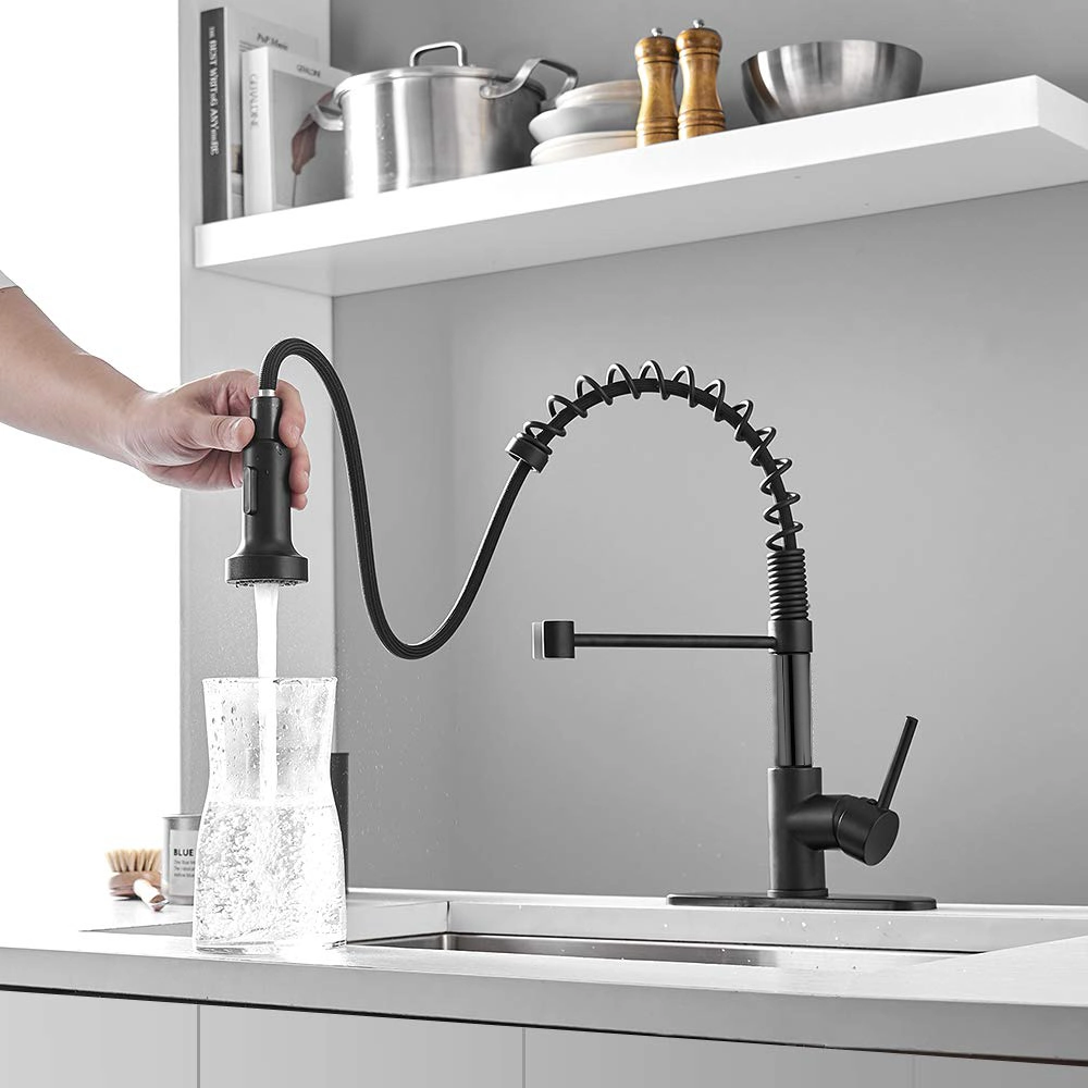 Aquacubic Factory Direct Lead Free Solid Brass Cupc Certified Deck Mounted Single Handle Pull Down Spring Black Kitchen Faucet